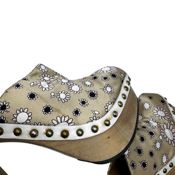 Miu Miu Daisy Floral Platform Clogs Wood Heel Satin Studded Mules Size EU 37.5 - Picture 11 of 12